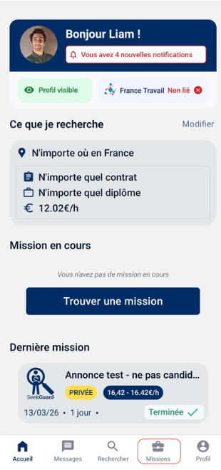 Écran d'accueil de l'application SeekGuard avec la barre de navigation inférieure et l'icône Missions